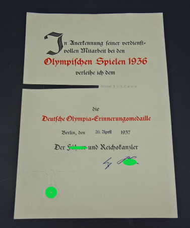 URKUNDE ZUR OLYMPIA ERINNERUNGSMEDAILLE 1936